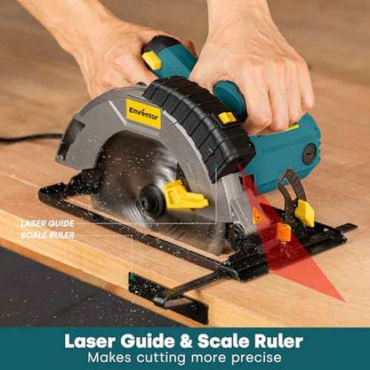Enventor Circular Saw Corded, 14A Electric Circular Saws 7-1/4-Inch with Laser Guide, 2 Blade Saws (40T/24T), Max Cutting Depth 2-7/16"(90¡Æ), 1-13/16"(0¡Æ-45¡Æ), Single Handed Bevel, 5500RPM, Blue