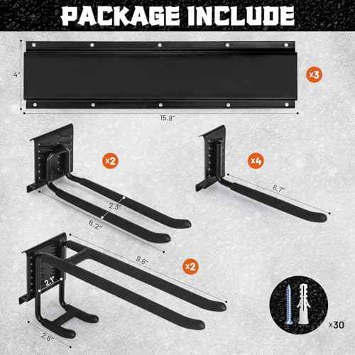 11Pcs Garage Wall Mount Tool Storage Rack - Adjustable Garden Tool Storage Hooks, Heavy Duty Utility Shed Organization Rack for Hanging Rake, Broom, Mower, Snowboard and Other Yard Tool