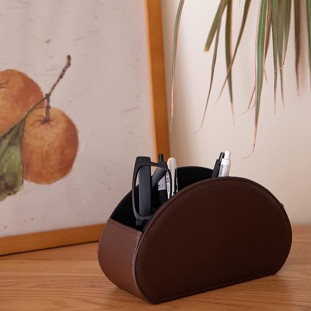 Fosinz Remote Control Holder Organizer Table Desk Leather Control Storage TV Remote Control Organizer with 5 Spacious Compartments (Dark Brown)