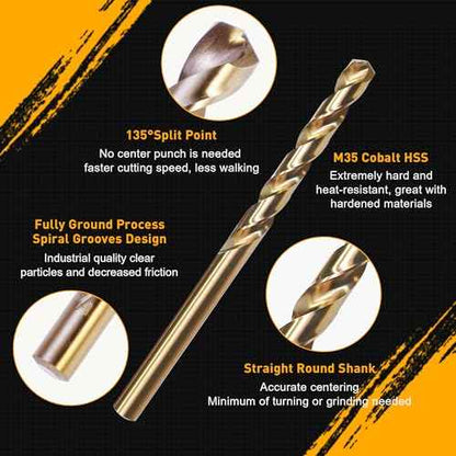 M35 Cobalt Drill Bit Set, 29Pcs High Speed Steel Twist Jobber Length Drill Bit Kit for for Hardened Metal, Stainless Steel, Cast Iron, Wood and Plastics with Index Storage Case, 1/16" - 1/2"