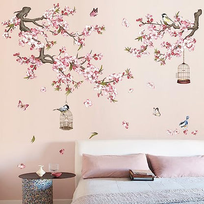 wondever Cherry Blossom Wall Stickers Pink Flowers Tree Branch Peel and Stick Wall Art Decals for Baby Nursery Bedroom