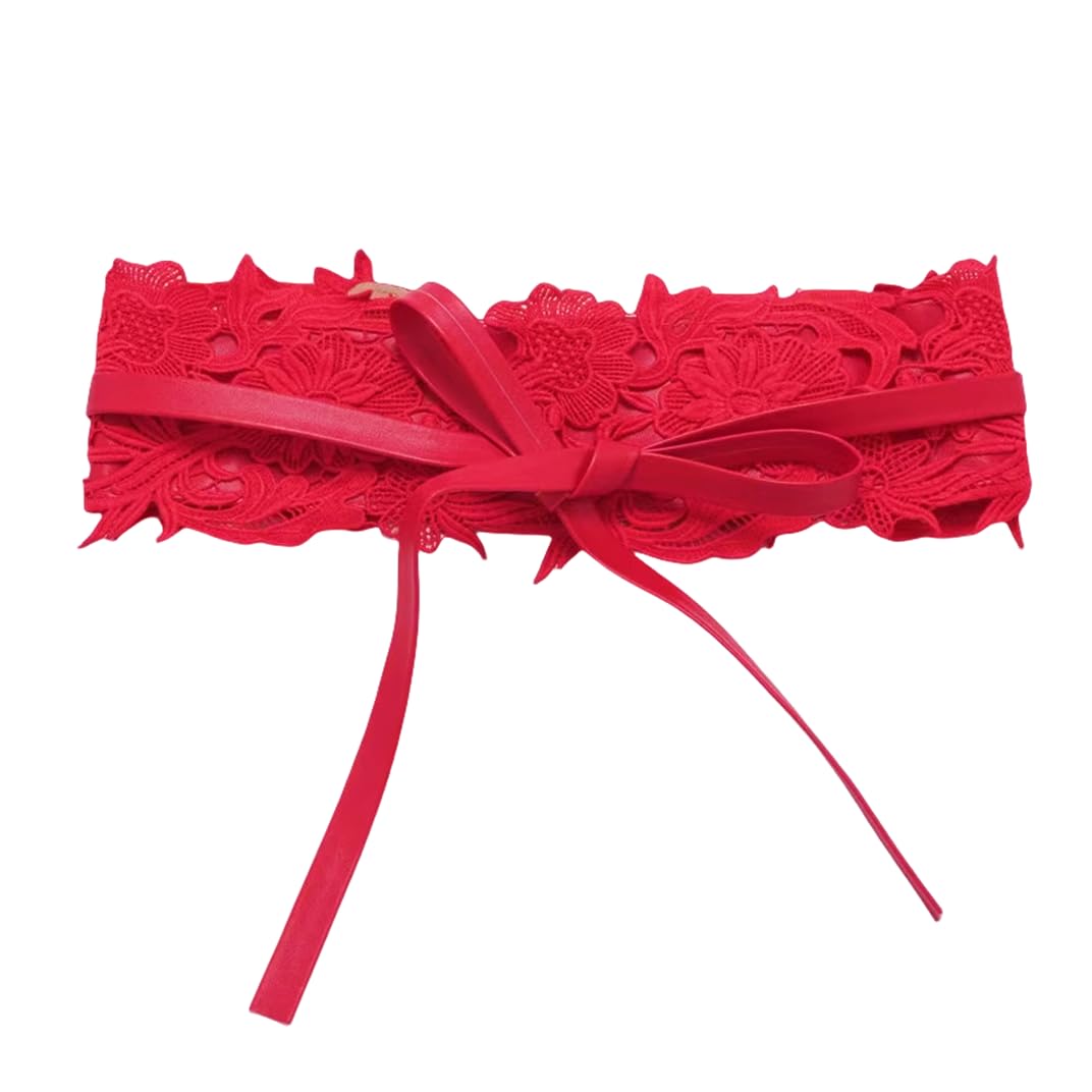 MINILUJIA Womens Lace Wide Waist Belt Wrap Around Obi Croset Belts Bowknot,Wide Wrap Retro Waist Belt for Dress (Red)