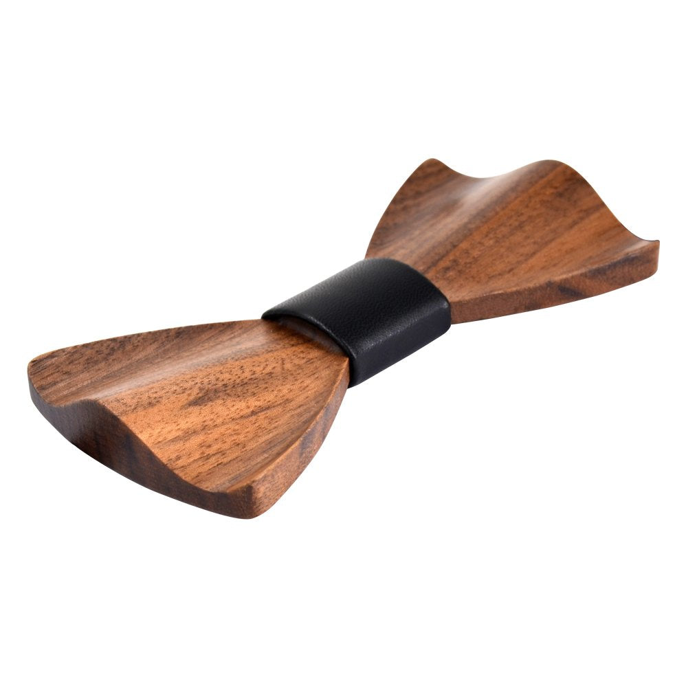 Mr.Van Handcrafted 3D Walnut Wood Bow Tie with Genuine Leather Center - Pre-tied Adjustable Collar - Natural Wood Finish (Rounded)