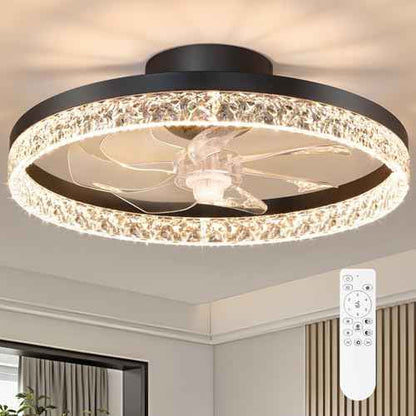 FOLKSMATE Ceiling Fan with Light and Remote, Low Profile Flush Mount Crystal Fandelier, Modern 6 Speeds Quiet Reversible, 2800-6500K Dimmable LED, Timer Fan Light for Bedroom Living Room Kitchen