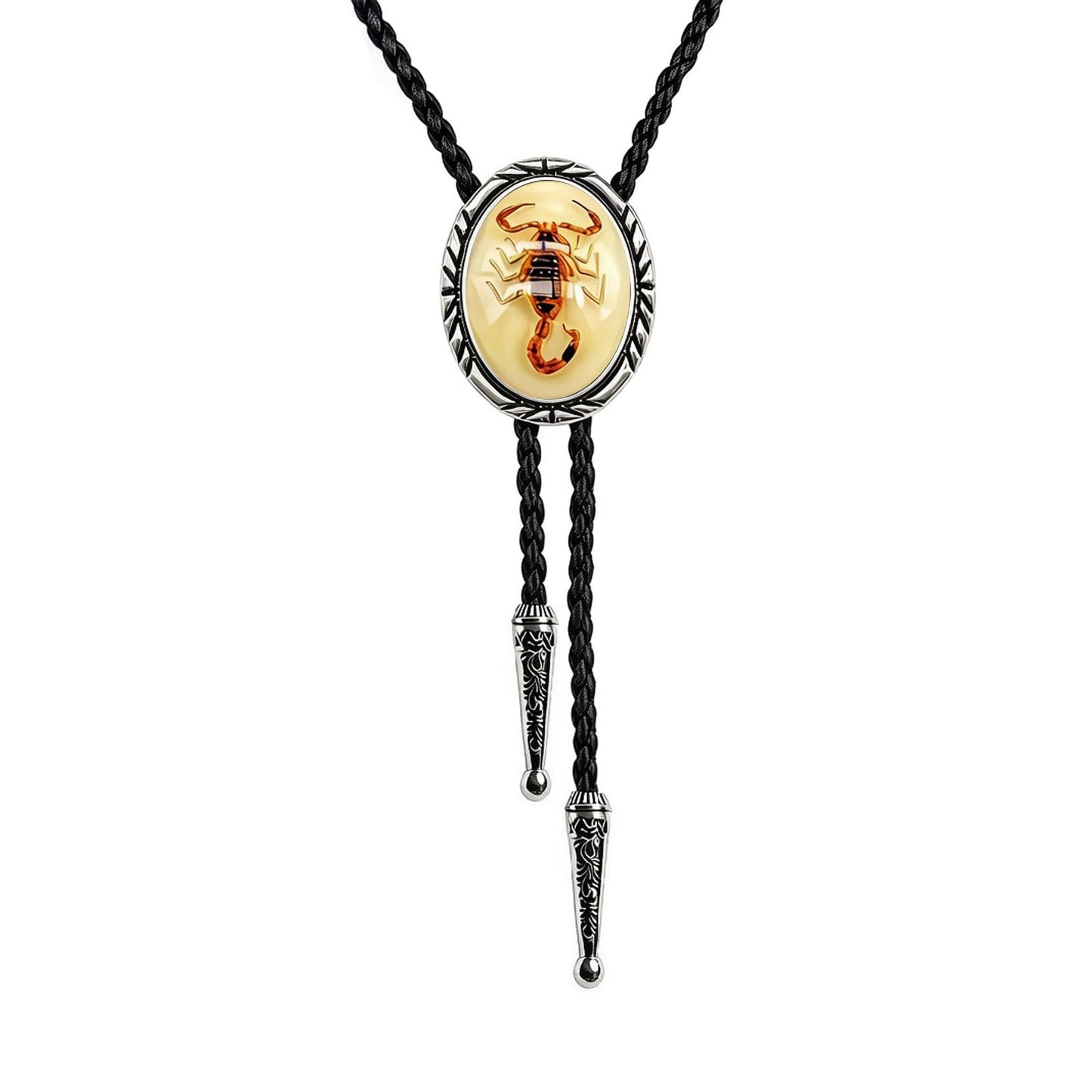 JPJZY BRBAM Minimalist Style Natural Stone Bolo Tie Oval Gemstone Pendant with Striped Border Leather Necktie for Men and Women Scorpion Luminous