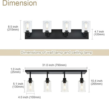 4 Light VINLUZ Vanity Wall Light with Clear Glass Shade Indoor Bathroom Fixture Multi-Directional Rotating Metal Ceiling Spotlight Fixture with Adjustable Track Heads