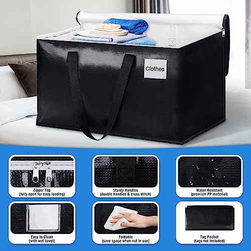 BlissTotes Moving Bags, Heavy Duty Moving Boxes with Zippers Top and Sturdy Handles, Storage Bags for Space Saving and Packing, Collapsible Moving Supplies, Storage Totes (76L, 10-Pack, Black)