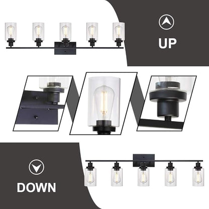 MELUCEE 40 Inches Length 5-Light Bathroom Vanity Light Fixtures Black Industrial Wall Sconce Lighting with Clear Glass Shade for Living Room Bedroom Hallway Kitchen (Patent No.: US D963914 S)