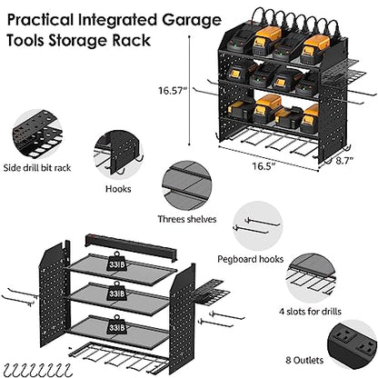 CCCEI Modular Pegboard Rack Power Tool Organizer with Charging Station. 4 Layer Wall Mount Drill Holder, Mechanic Tool Battery Charger Organizer. Garage Shop Storage Utility Shelf with Power Strip.