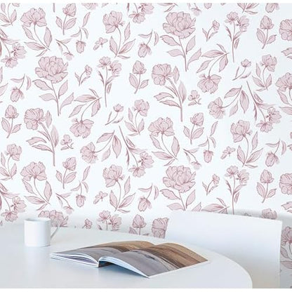 Timeet White and Pink Floral Wallpaper Peel and Stick Modern Removable Self-Adhesive Wall Paper for Bedroom Bathroom Vintage Contact Paper Vinyl Film 17In¡¿78.7In