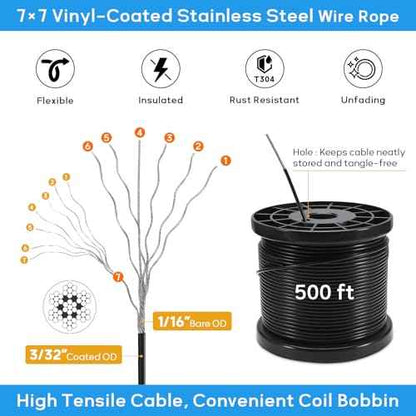 String Light Hanging Kit with 500FT Vinyl Coated Stainless Steel 304 Wire Rope Suspension Kit Included Enough Accessories with Turnbuckles and Hooks for Patio, Garden and Wedding Lighting