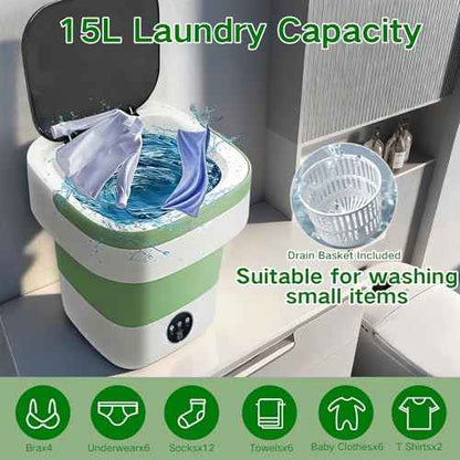 Portable Washing Machine, 15L Mini Collapsible Washer with 3 Cleaning Modes for Baby Clothes, Underwear, Small Foldable Laundry for Travel Apartment Home Dorm Hotel Camping (White+Green)