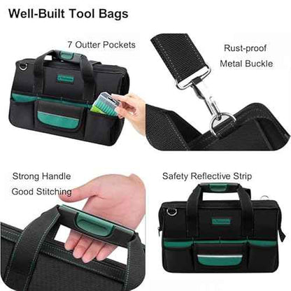 Tool Bag Heavy Duty 16.5-Inch with 16 Pockets Portable Handle Adjustable Shoulder Strap Waterproof Wide Mouth Tools Storage Organizer Carry Tote Box for Craftsman Electrician Mechanic (16.5-Inch)