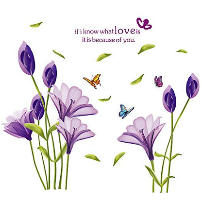LiveGallery Beautiful Lovely Lily Flowers Wall Decals Removable DIY Butterfly Flower Vines Art Decor Wall Stickers Murals for Living Room TV Background Kids Gilrs Rooms Bedroom Decoration (Purple)