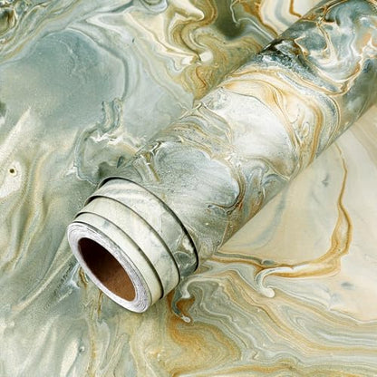 LACHEERY Green and Gold Marble Contact Paper for Countertops Matte Marble Countertop Peel and Stick Waterproof Bathroom Wallpaper Peel and Stick Countertops for Kitchen Counter Top Cabinets 15.8"x80"