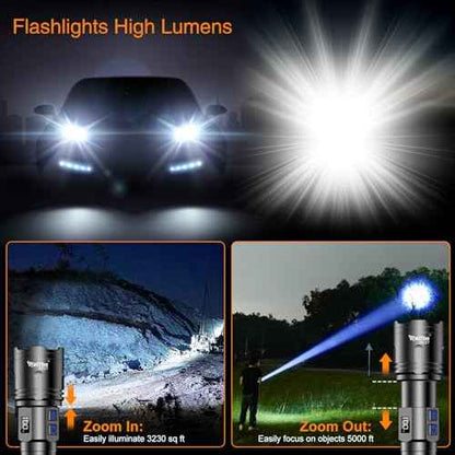 Rechargeable Flashlights High Lumens, LED Flashlight 10000 Lumens, Super Bright High Powered Flashlights, Long Rang 5000 FT, 2 Switch, Powerful Flashlights for Home Emergency Camping