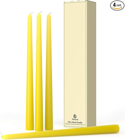 12-Inch Tall Dripless Taper Candles Set of 4 - Yellow Tapered Candles, Perfect for Spring - Smokeless, Unscented, Long Burning - Hand Poured, Colored Tall Candlesticks - Light Yellow