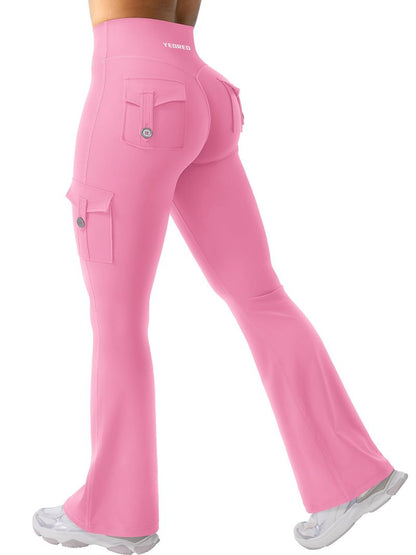 YEOREO CoreFlex Women Workout Flare Leggings with Pockets Hidden Scrunch High Waisted Cargo Gym Yoga No Front Seam Leggings Pink L