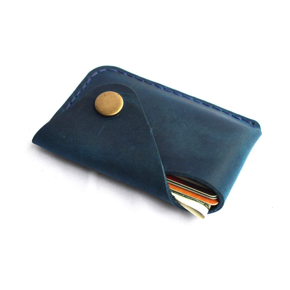 Handmade Leather Card Holder with Snap Closure - Ultra-Thin Minimalist Front Pocket Wallet, Hand-Stitched Genuine Leather Simple Card Case for Men & Women(Blue)
