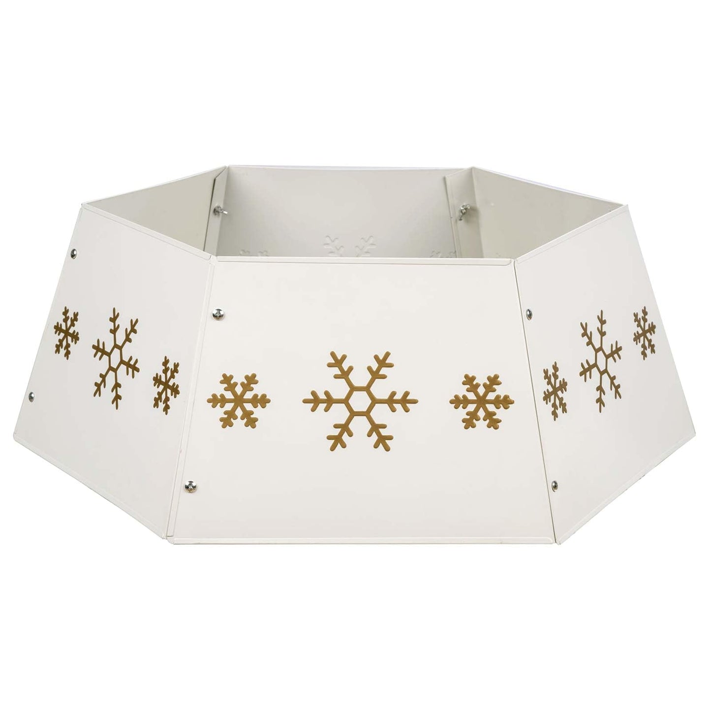 HarcoHome Metal Christmas Tree Collar with 3D Snowflake Authentic, Hexagon Heavy-Duty Iron Tree Base Cover for Pencil Tree, Tree Ring, Tree Skirt for Xmas Decor (Cream with Gold Flakes)