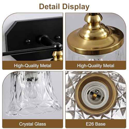 Vintage Bathroom Vanity Light Fixtures, Black and Gold 3-Light Vanity Light, Antique Bathroom Lighting Fixtures Over Mirror with Crystal Glass Shade, Vanity Lights for Bedroom Living Room Hallway