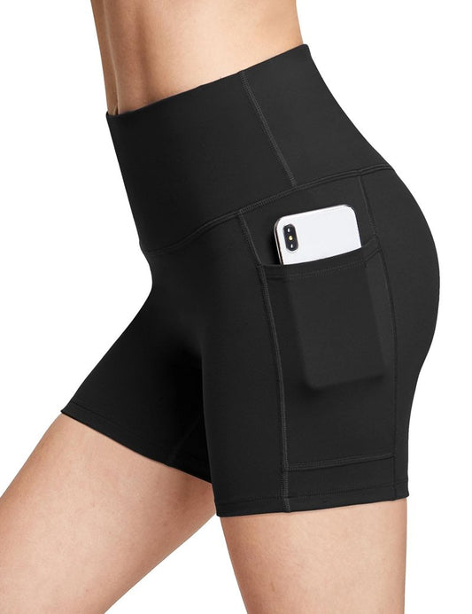 baleaf Biker Shorts Women Yoga Gym Workout Spandex Running Volleyball Tummy Control Compression with Pockets Soft 5" Black L