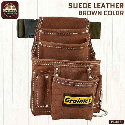 Graintex PL45S 10 Pocket Nail and Tool Pouch Suede Leather with 2" Webbing Belt
