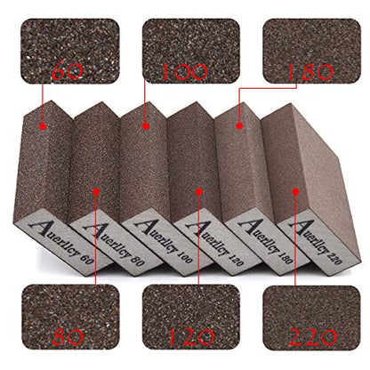 Sanding Sponge, Auerllcy 6 Pieces 60/80/100/120/180/220 Grit Sanding Blocks Assortment, Coarse/Medium/Fine. Washable and Reusable.