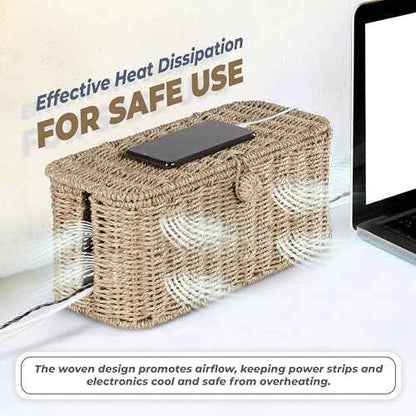 2-Pack Large Cable Management Box, Natural Rattan Cable Cord Organizer Boxes for Power Strip ? 2 Open Slots Cords Hider Box for TV Wires, Computer, Router, USB Hub and Under Desk Power Strip