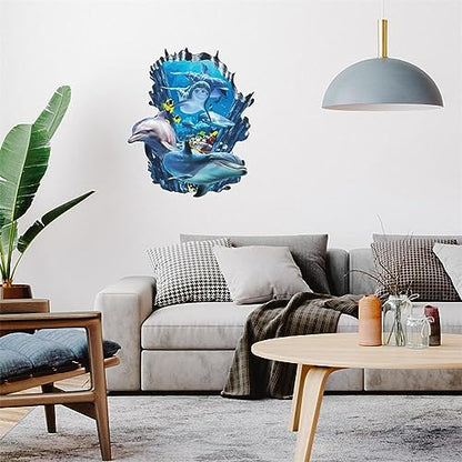 PLIGREAT 3D Broken Wall Undersea Ocean World Dolphins Wall Stickers, Removable Vinyl Peel and Stick Walls Decals for Teens Bedroom Dorm Room Home Decoration Beach House Apartment Indoor Art Decor