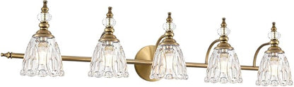 5 Lights Brass Gold Bathroom Light Fixtures, Antique Vanity Light with Flower Glass Shade, Bathroom Vanity Light Over Mirror, Farmhouse Sconces Wall Lighting for Hallway Livingroom Bedroom