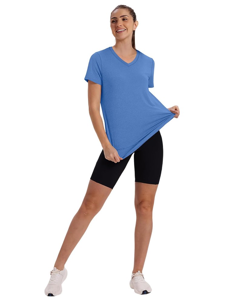 Workout Tops for Women Spring Summer Short Sleeve Golf Outfits Gym Essentials Activewear Running Shirts V Neck Blue S