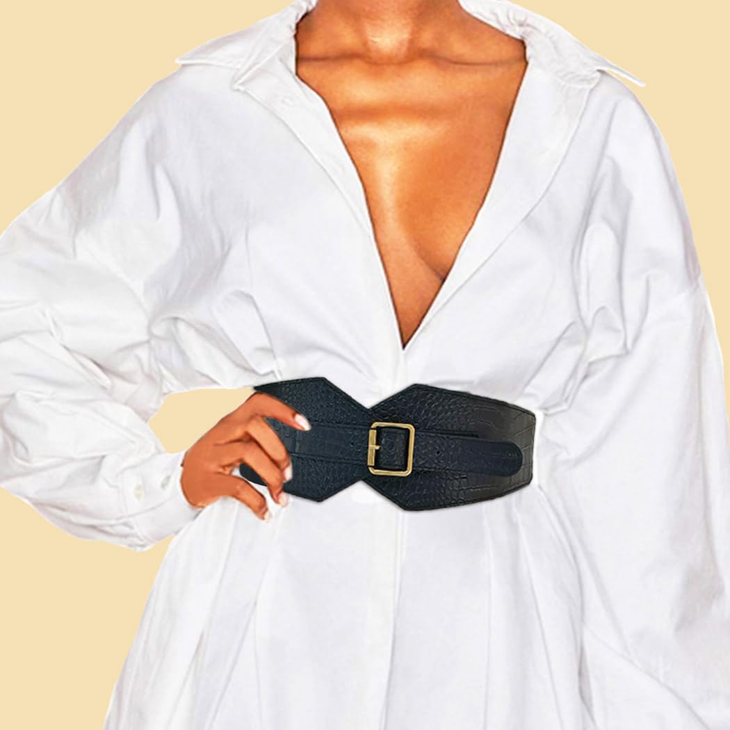 COSYDAYS Black Corset Belt Leather Wide Stretchy Waist Belts Fashion Elastic Waistband Accessories for Women (Black)