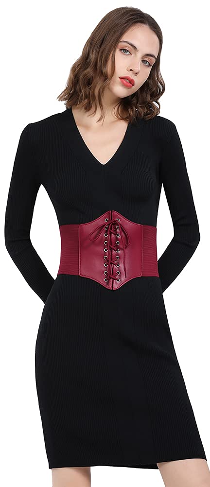 Hoerev Corsets Belt Tops Leather Vest Pirate Halloween Costume Lace Up Waist Belt Bustiers Corsets For Women, Plum, M