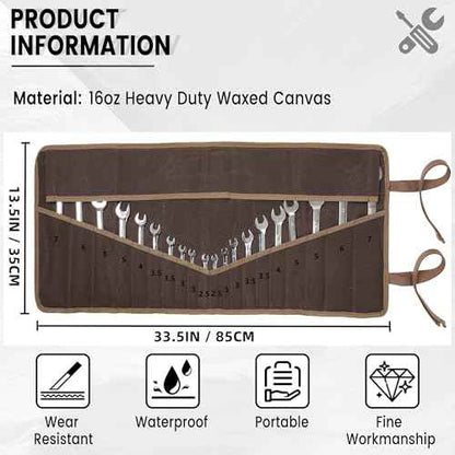 Tool Roll, Wrench Organizer Roll Up Tool Pouch with 24 Pockets | Durable Waxed Canvas 16 OZ Portable Tool Storage Carrier Bag(33.5 X 13.5 IN | Brown)