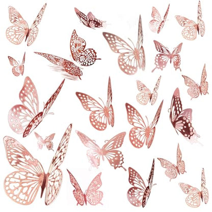 JOSDIOX 3D Butterfly Removable Metallic Wall Sticker 4 Styles 3 Sizes, Mural Decals for Kids Room Bedroom D?cor Nursery Classroom Party Decoration Wedding DIY (Rose Gold 48 Pcs)