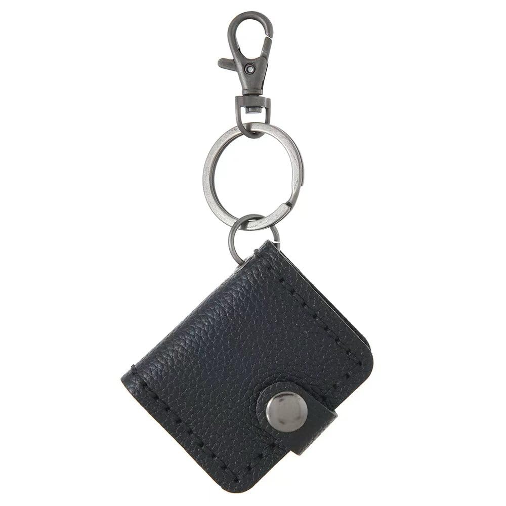 Mini Genuine Leather Photo Card Holder Keychain, Vintage Key Ring Charm with Lobster Clasp for Men Women (Black)