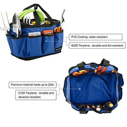 Housolution Gardening Tote Bag, Deluxe Garden Tool Storage Bag and Home Organizer with Pockets, Wear-Resistant & Reusable, 14 Inch, Blue
