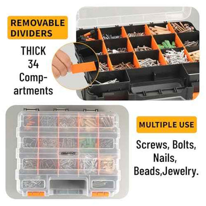 Mini Tool Box Organizer, Plastic Small Tool Box with Dividers, Double Side Bead Organizer, 34-Compartments Hardware Screw Organizers, Parts Tool Organizers Storage