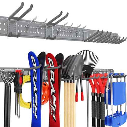 Garage Tool Organizer Wall Mount 64 inches with 13 Adjustable Heavy-Duty Hooks, Garage Organization, Garden Tool Storage Rack, Yard, and Shed, Holds Up to 520 lbs (Grey)