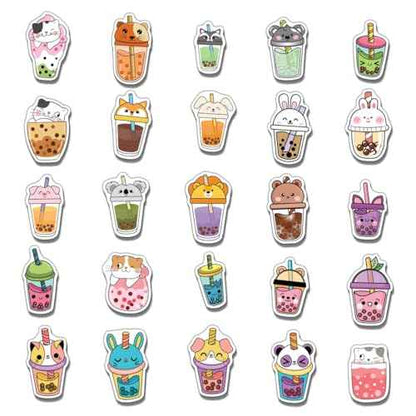 Pack 50 Pcs Cute Beverage Boba Tea Stickers for Water Bottles Waterproof Laptop Luggage Helmet Computer Teens Adults Girls Boys Funny Aesthetic Sticker Packs Small Vinyl Decals