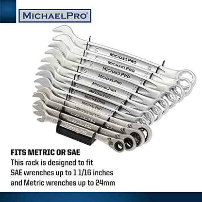MichaelPro Magnetic Wrench Organizer for Tool Drawer, 12-Piece Metal Wrench Holder, Fits SAE and Metric Wrenches, Up to SAE 1 1/16'' and Metric 24mm, Easy Magnetic Wall Mount - MP014031