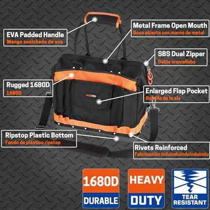 Wide Mouth Tool Bag, 16 Inch Heavy Duty Tool Bag with Multi-Pockets, Molded Waterproof Base for Plumbers, Electricians, Handymen