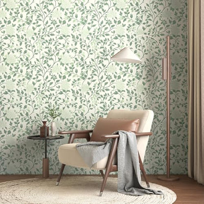 Leaf Peel and Stick Wallpaper Boho Contact Paper 17.3"x78.8" Green and Beige Floral Wallpaper Self Adhesive Removable Wall Paper Bathroom Decoration Wallpapers for Bedroom Vinyl Roll