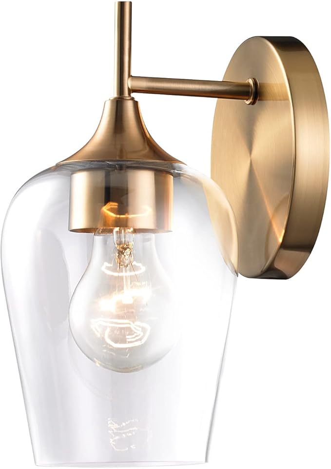 Hamilyeah Brass Wall Sconce Lighting Fixture, Gold Bathroom Lighting with Clear Champagne Glass Shade, Classy and Simple Wall Lights for Bedside, Theater, Dining Room,Rest Room