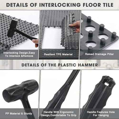 12 Pack Drainage Tiles Modular Interlocking Floor Tiles with 1 Pc Plastic Hammer 12" x 12" Cushion Mat Non Slip Rubber Floor mat with Holes for Pool Bathroom Deck Kitchen Patio (Black)