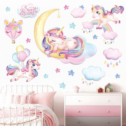 wondever Rainbow Unicorn Wall Stickers Sleeping Unicorn Balloons Sweet Dream Moon Wall Art Decals for Girls Room Baby Nursery Kids Bedroom
