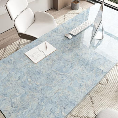 Wallercity Glossy Cream Blue Marble Contact Paper for Kitchen Countertops Self Adhesive Marble Wallpaper for Bathroom Bedroom Peel and Stick Countertops Wall Paper for Cabinets Drawers 15.8''x78.7''