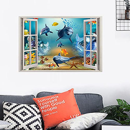 3D Ocean World Fake Windows Wall Sticker,Shark Turtle Tropical Fishes Sea Life Peel and Stick Removable Windows Wall Decals for Boys and Girls Bedroom Playroom Living Room£¨24"x18"£©