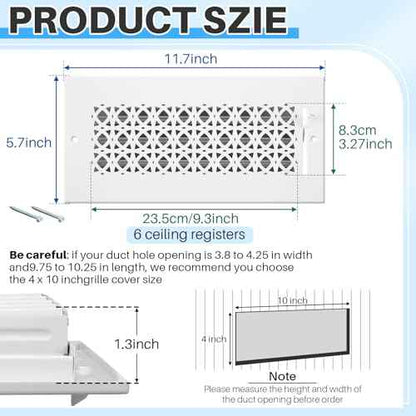 6 Pcs Metal 10 x 4 Inch (Interior Size) White Vent Cover Ceiling Register Decorative 3 Way Air Sidewall Ceiling Wall Vent Covers, Duct Air Cover, Grille Register for Home, Office